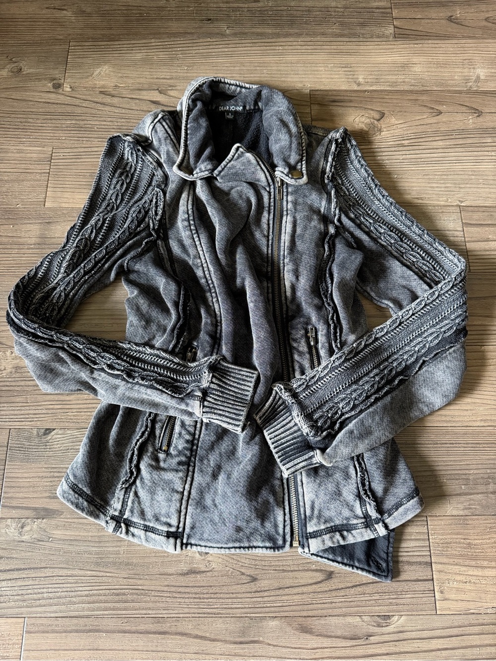 Dear John Distressed Gray Knit-Trim Zip Jacket
